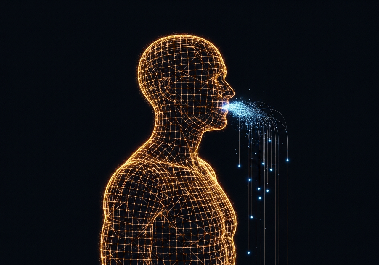 Abstrakcyjna wizualizacja wycieku energii: świetlista ludzka sylwetka zbudowana z siatki, z której w ciemność uciekają strumienie mocy.