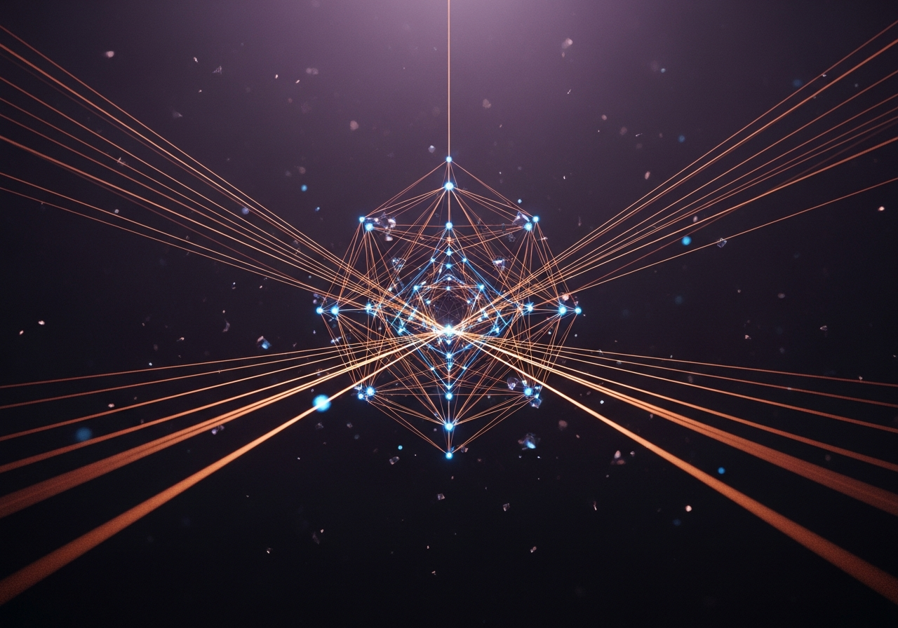 Abstrakcyjna wizualizacja stanu flow: złote i miedziane linie energii tworzące harmonijną, krystaliczną strukturę na ciemnym tle.