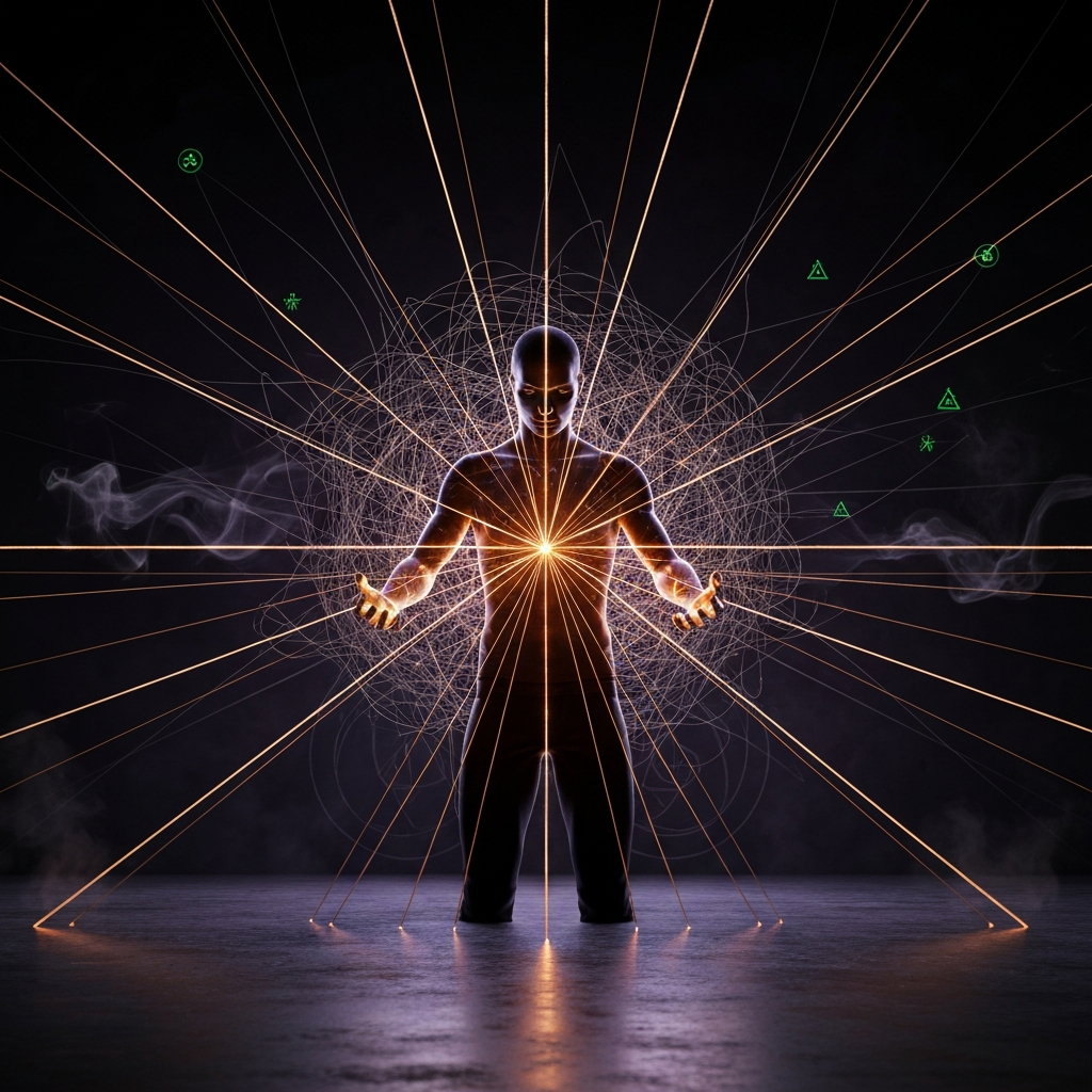 Sylwetka człowieka z otwartymi ramionami na tle wschodzącego słońca, wyrażająca odzyskaną wolność i potencjał.