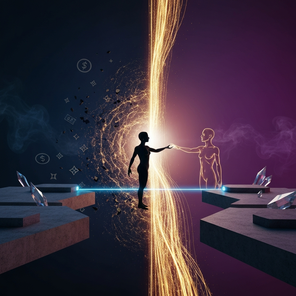 Sylwetka człowieka z otwartymi ramionami na tle wschodzącego słońca, wyrażająca odzyskaną wolność i potencjał.