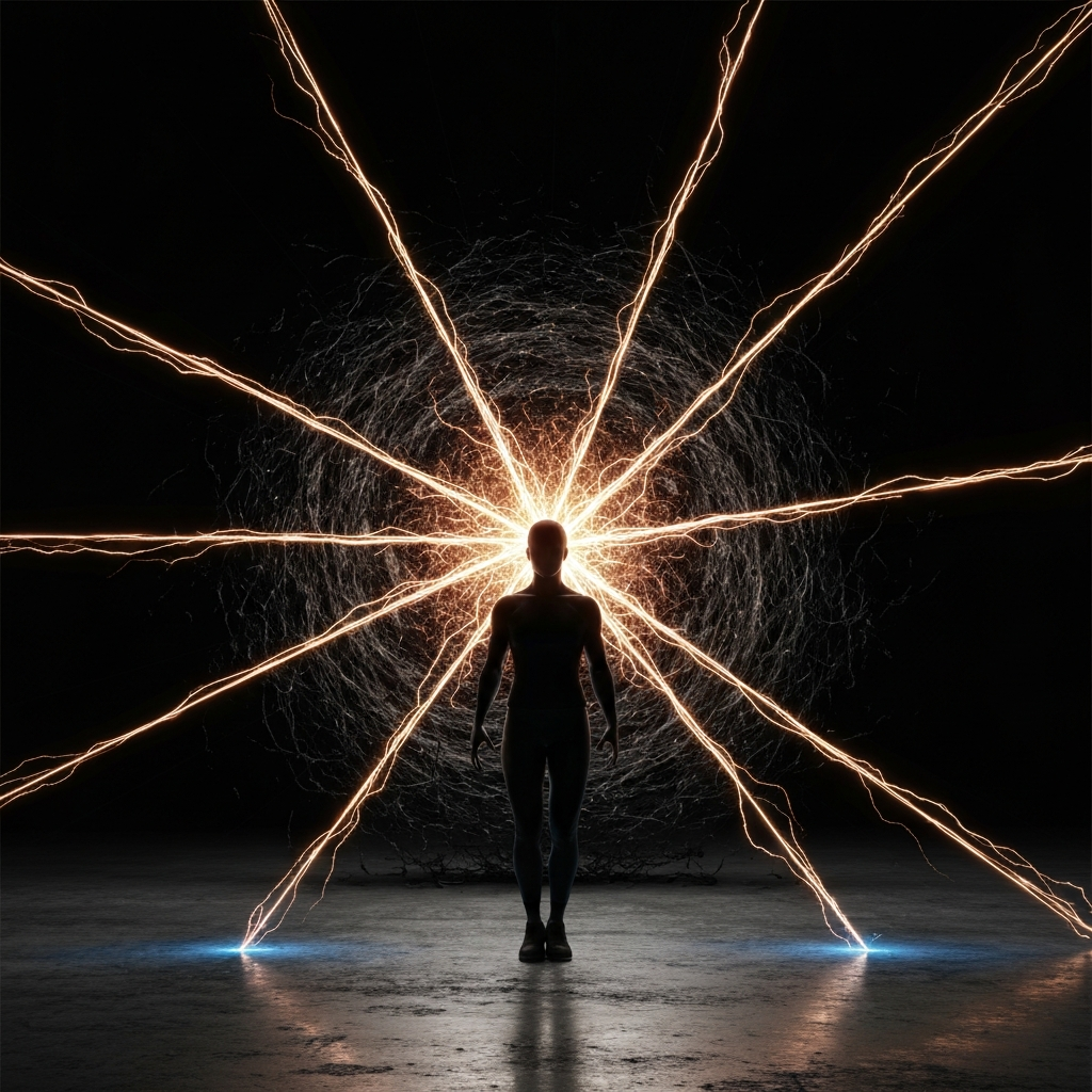 Sylwetka człowieka z otwartymi ramionami na tle wschodzącego słońca, wyrażająca odzyskaną wolność i potencjał.