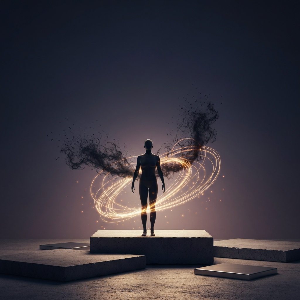 Sylwetka człowieka z otwartymi ramionami na tle wschodzącego słońca, wyrażająca odzyskaną wolność i potencjał.