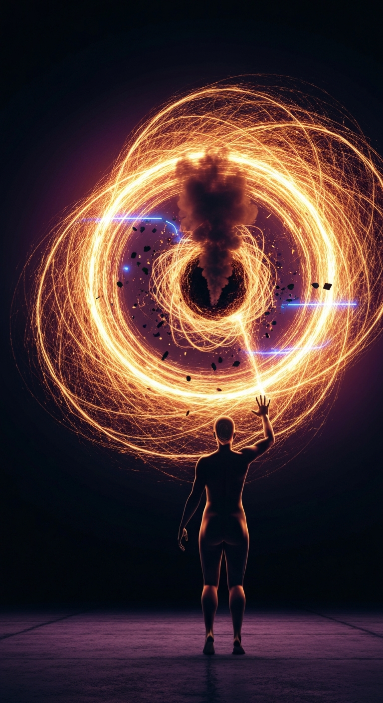 Sylwetka człowieka z otwartymi ramionami na tle wschodzącego słońca, wyrażająca odzyskaną wolność i potencjał.