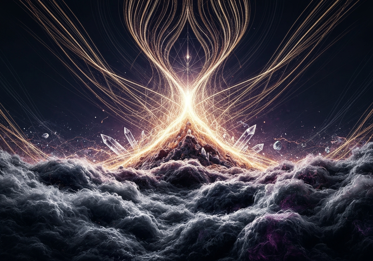 Abstrakcyjna wizualizacja transformacji od ciężkich, ciemnych wibracji do lekkości i harmonii, ilustrująca proces jak odzyskać osobistą sprawczość.