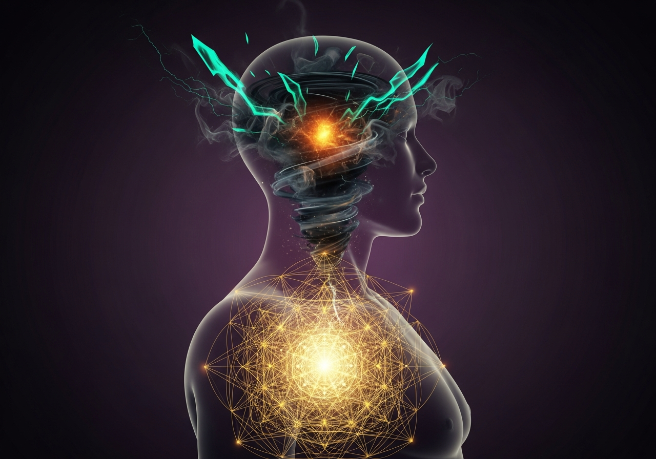 Abstrakcyjna wizualizacja wewnętrznej transformacji, gdzie porządek energetyczny pokonuje wewnętrzny bałagan – ilustracja tematu cena chaosu.