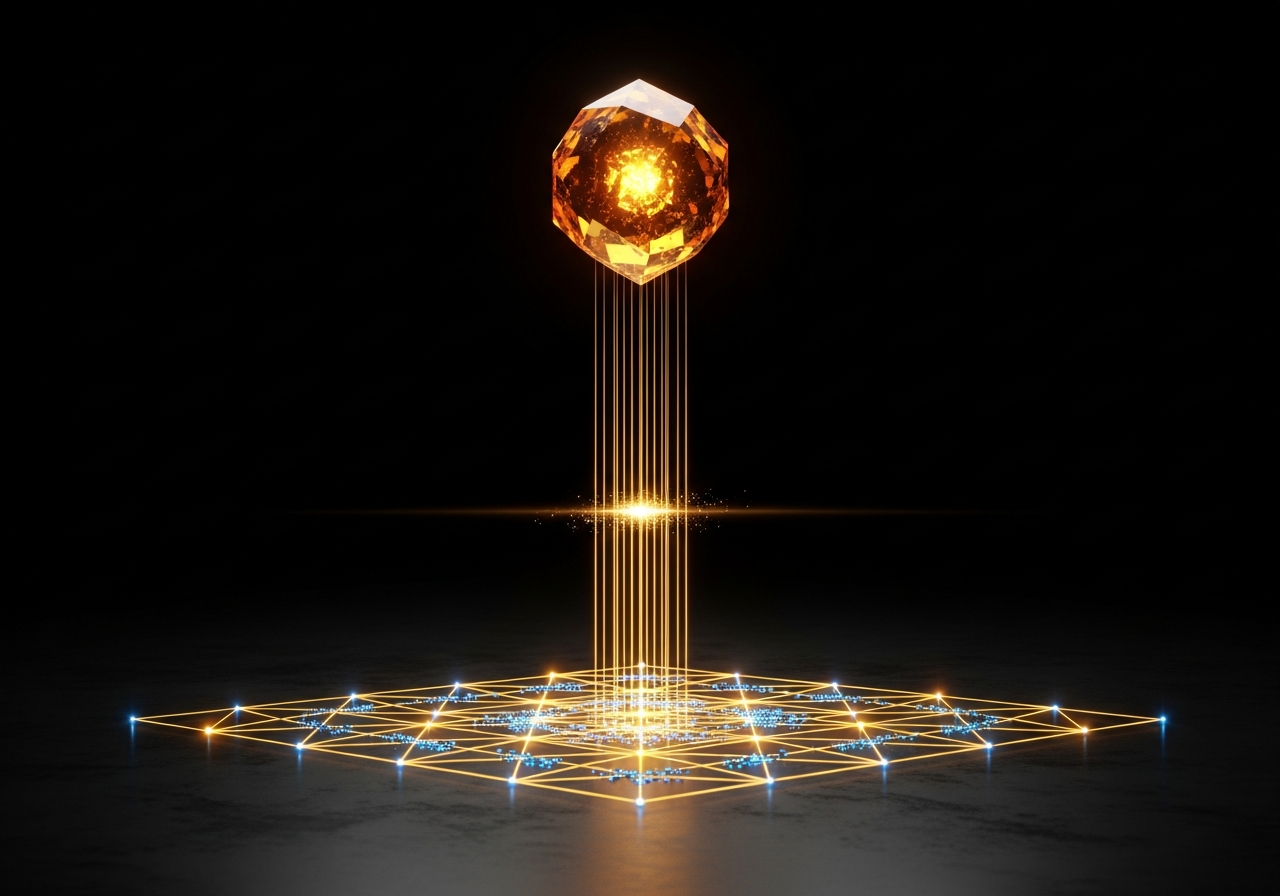 Abstrakcyjna wizualizacja modelu 'top-down': świecący kryształ na górze (tożsamość) emituje złote promienie, które tworzą uporządkowaną siatkę na dole (wyniki).