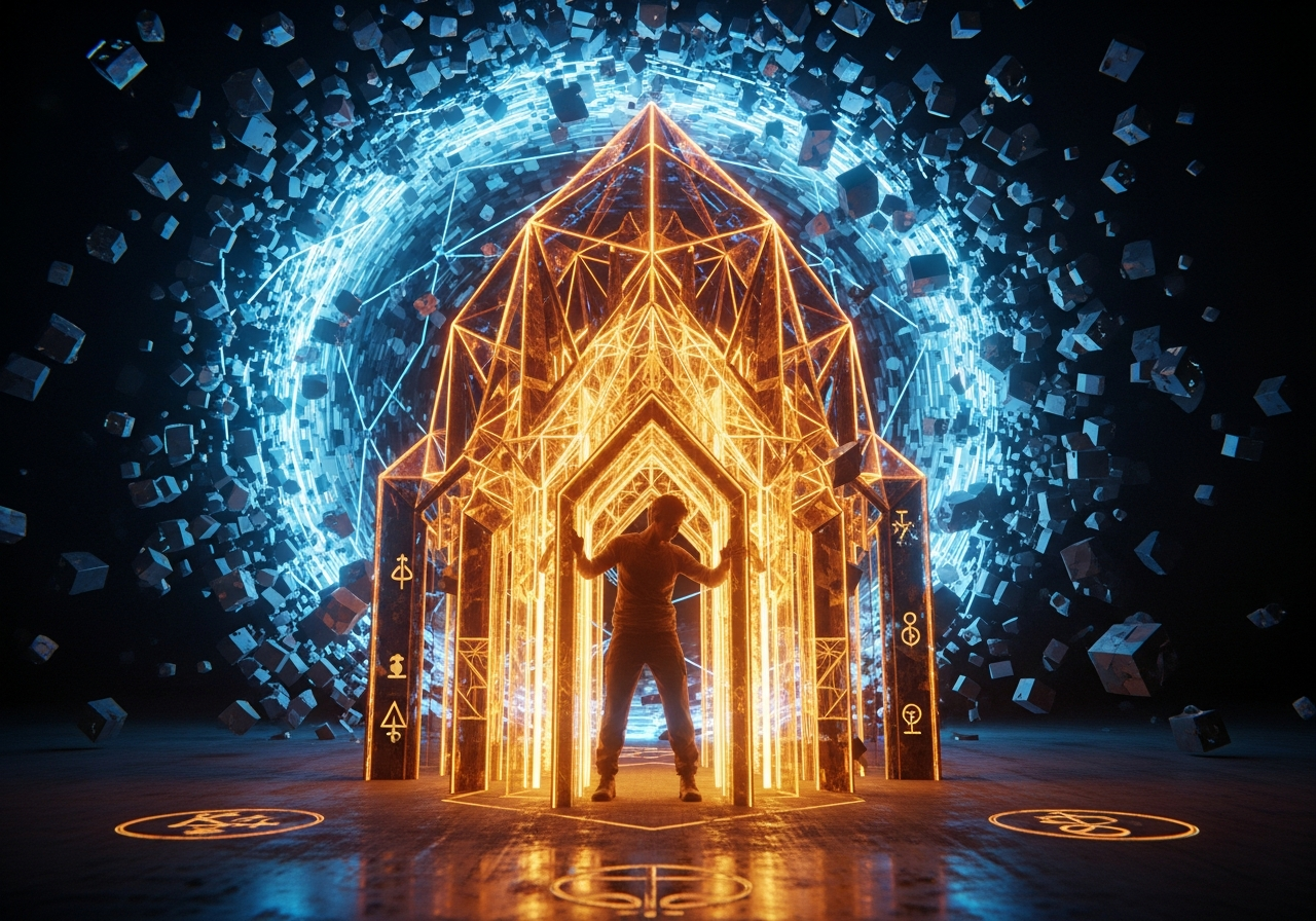 Abstrakcyjna ilustracja przedstawiająca dryf metryczny: postać budująca złotą katedrę (prawdziwa wartość), otoczona przez chaos niebieskich kostek danych (metryki).