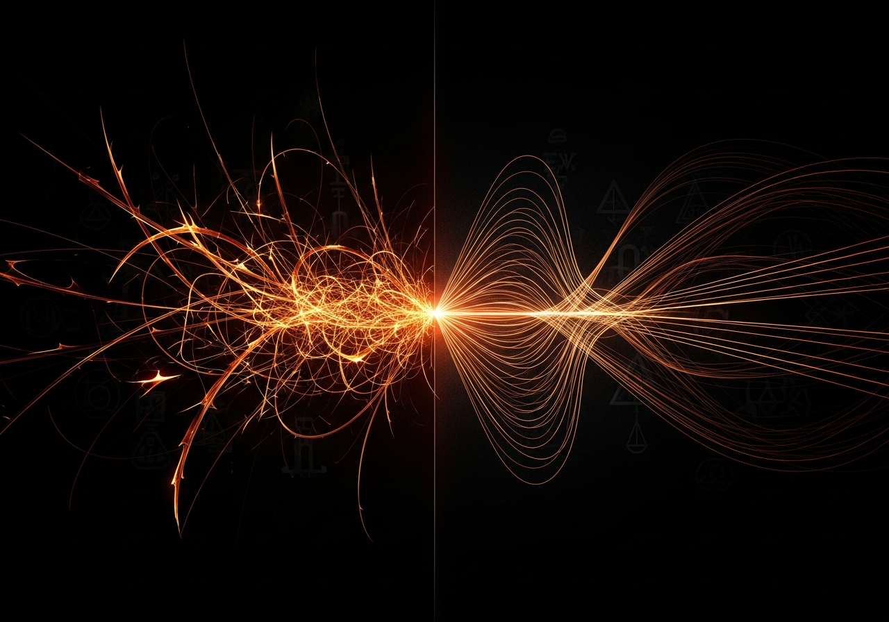 Abstrakcyjna ilustracja pokazująca, jak efekt lustra w przywództwie sprawia, że wewnętrzne lęki lidera są odbijane przez jego zespół.