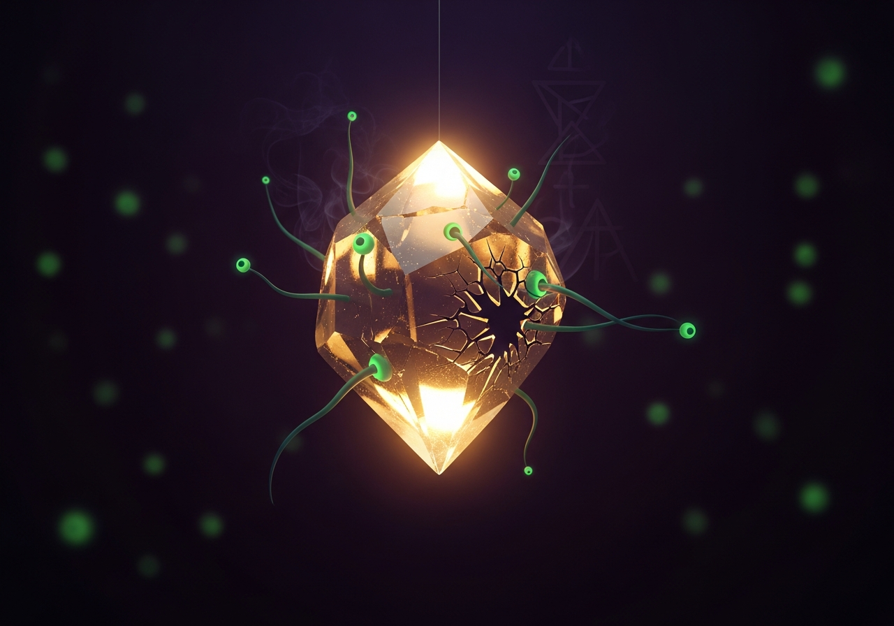 Abstrakcyjna wizualizacja, gdzie ostatnia kropla złotej energii przelewa ciemne naczynie, ilustrując skumulowany efekt, jaki wywołuje energetyczny scope creep.