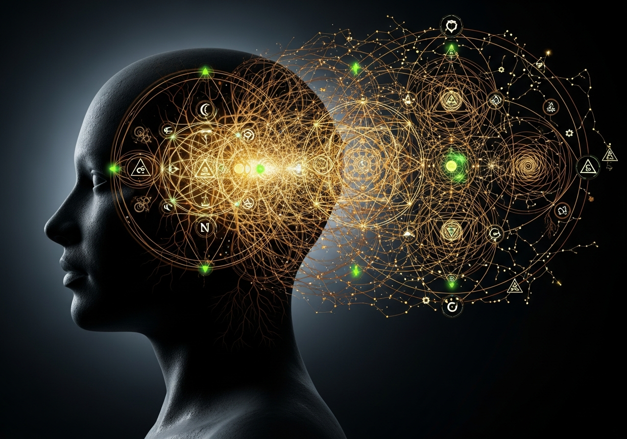 Wizualizacja umysłu tworzącego subiektywną mapę świata za pomocą filtrów percepcyjnych, co ilustruje na czym polega iluzja obiektywnej rzeczywistości.