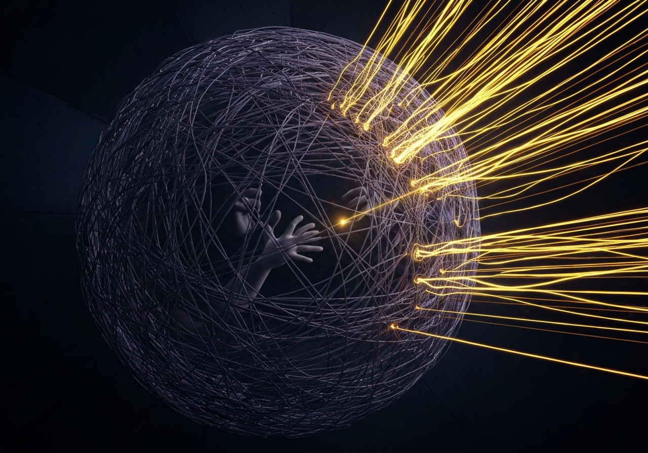 Abstrakcyjna wizualizacja energetycznej mapy bezpieczeństwa lidera i przełamania strefy komfortu, ukazująca Przebudzenie lidera.