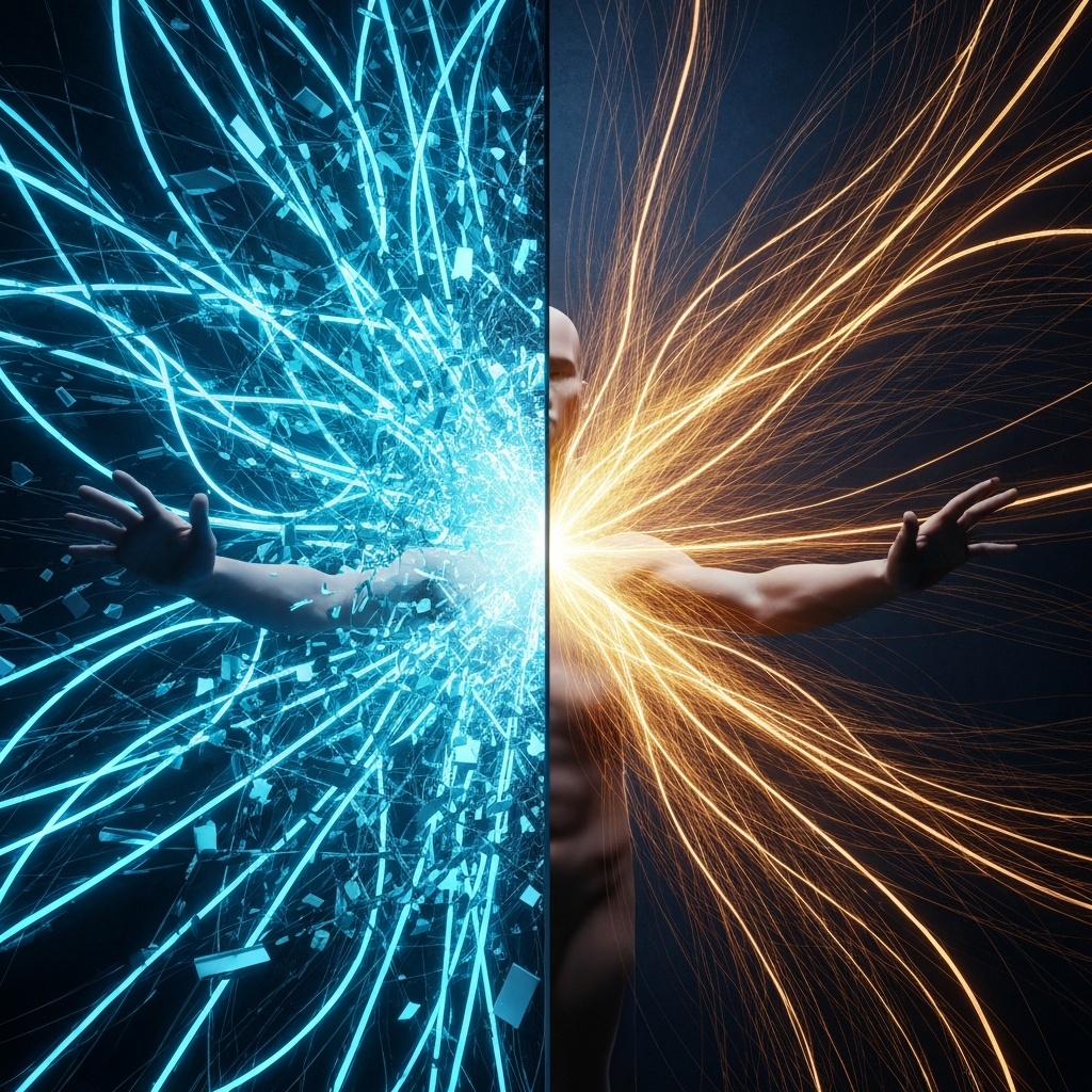 Zespół dynamicznie współpracujący, otoczony pozytywną energią promieniującą od przywódcy.