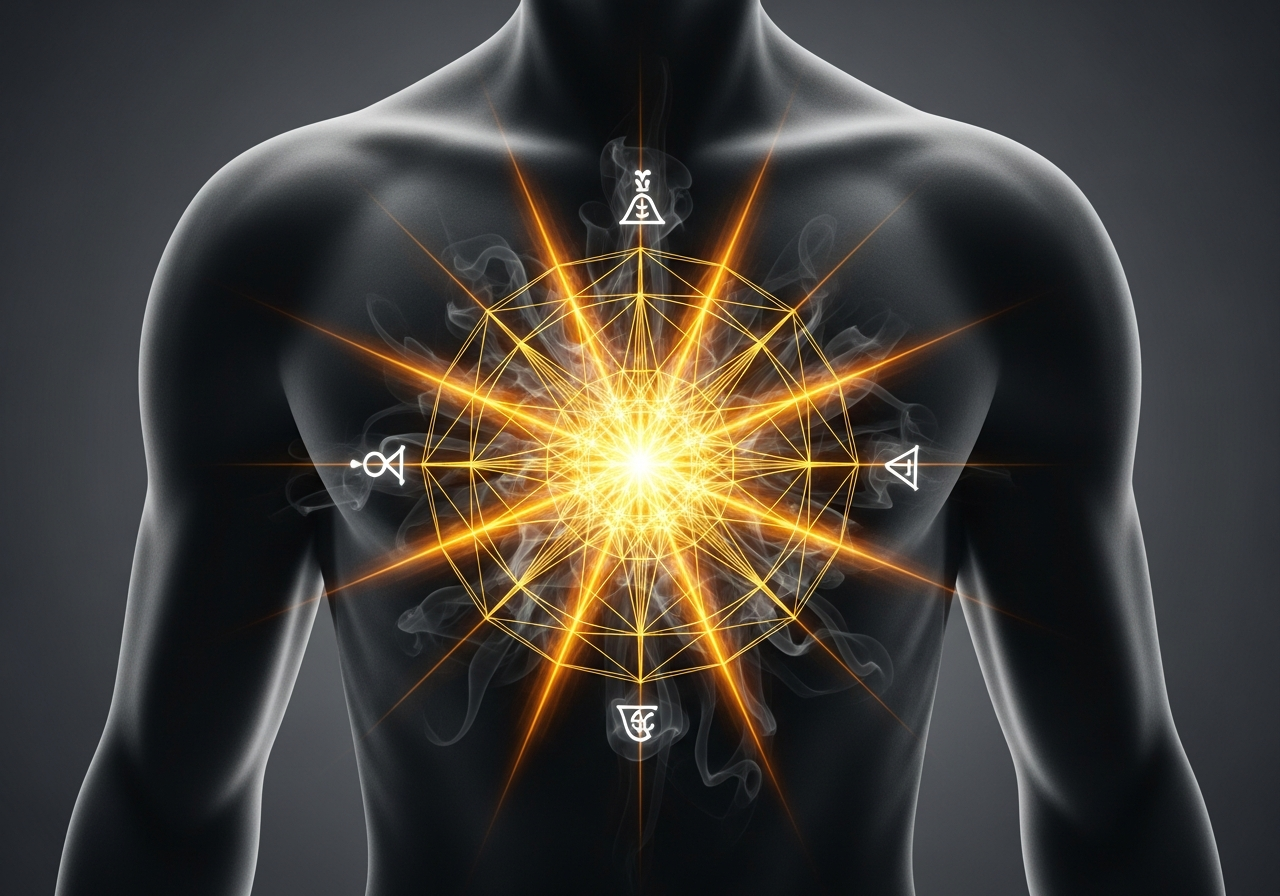 Wizualizacja uwolnienia wewnętrznej energii, symbolizująca przełamanie energetycznej blokady w ciele.