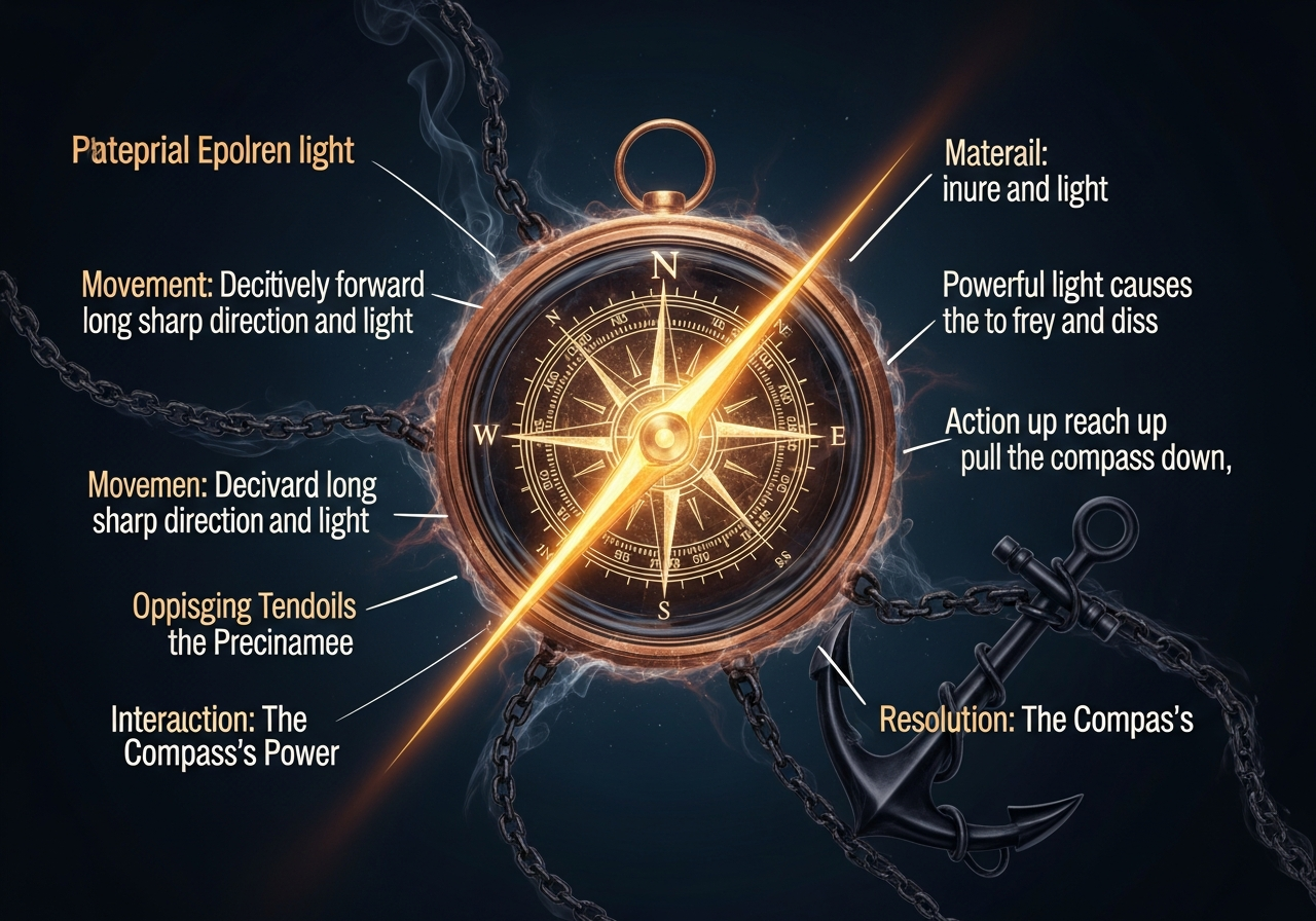 Abstrakcyjna wizualizacja, gdzie kalibracja wewnętrznego kompasu, przedstawionego jako świetliste urządzenie, przezwycięża mroczną kotwicę lęku i wątpliwości.