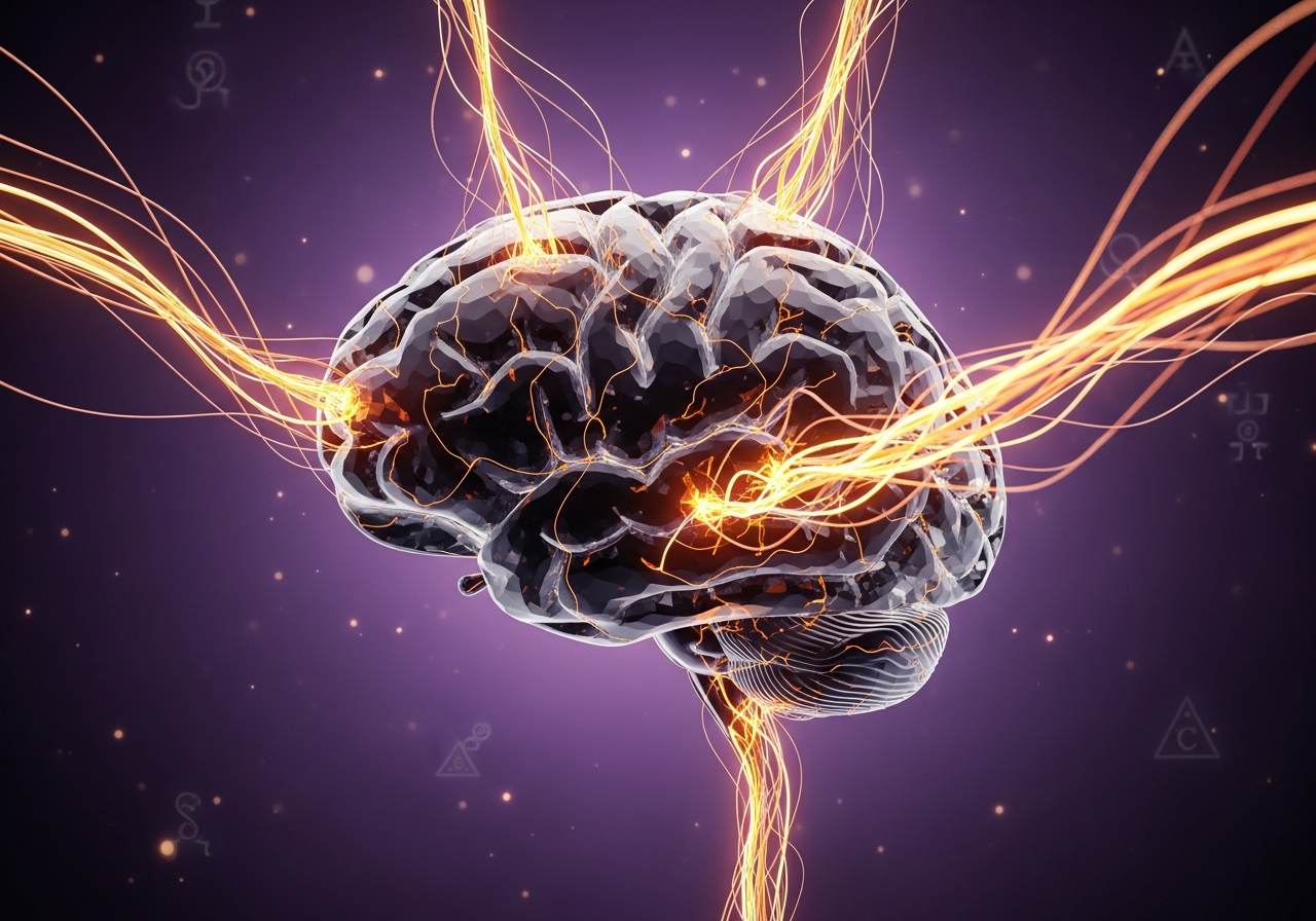 Abstrakcyjny obraz mózgu, w którym tworzą się nowe, świetliste ścieżki neuronowe – wizualizacja koncepcji, jaką jest neuroplastyczność lidera.