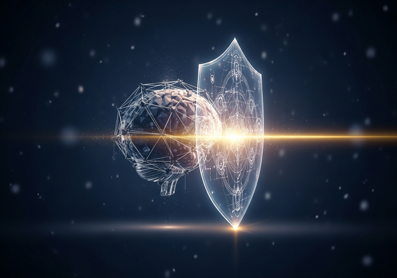 Abstrakcyjna ilustracja przedstawiająca umysł tworzący barierę dla sukcesu, ukazująca sabotaż jako mechanizm obronny w działaniu.