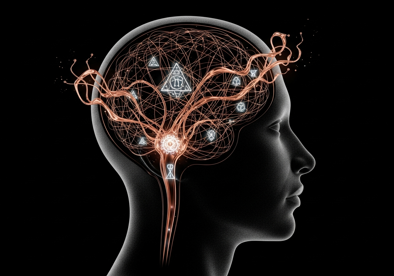 Abstrakcyjna wizualizacja wewnętrznej zmiany, gdzie stary stan a tożsamość lidera zostają zastąpione nowymi, trwałymi ścieżkami neuronowymi.