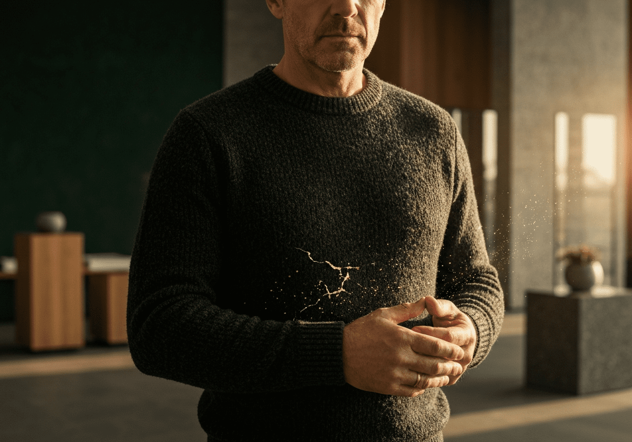 Subtelne rozpraszanie energii wokół lidera, ukazujące ukryte dziury finansowe lidera. Fotorealizm z ciepłym, złotym światłem i bogatymi teksturami.