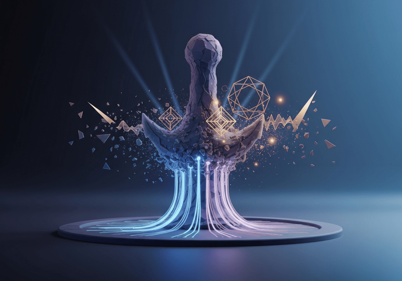 Abstrakcyjna wizualizacja niewidzialnego balastu symbolizującego **pułapki lojalności biznesowej**, który jest transformowany w lekkie formy energii.