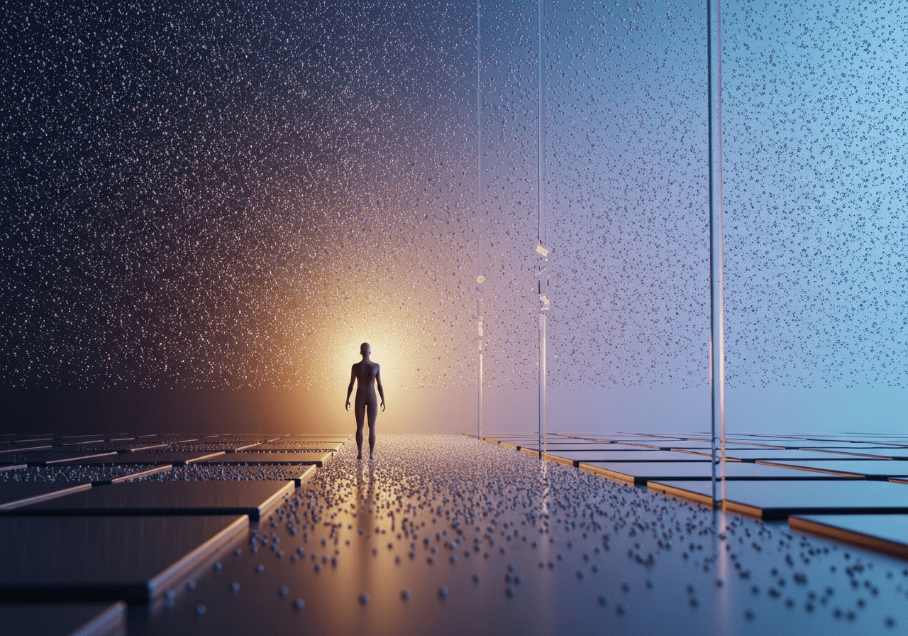 Abstrakcyjna ilustracja, gdzie jednostka opiera się jednolitości, przełamując strach przed byciem niestandardowym i zachowując swoją oryginalność.