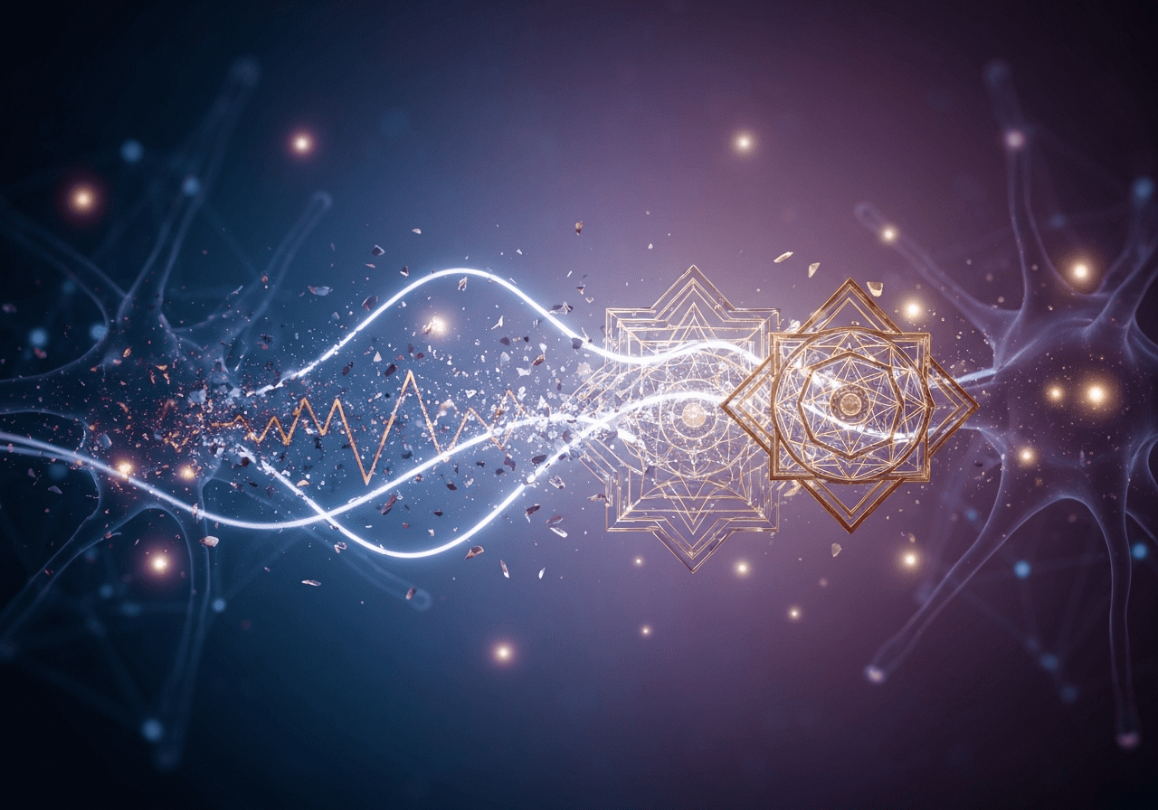 Abstract illustration showing fragmented neural pathways transforming into stable golden waveforms, symbolizing the reprogramming of the biological response to Syndrom dobrego dziecka.