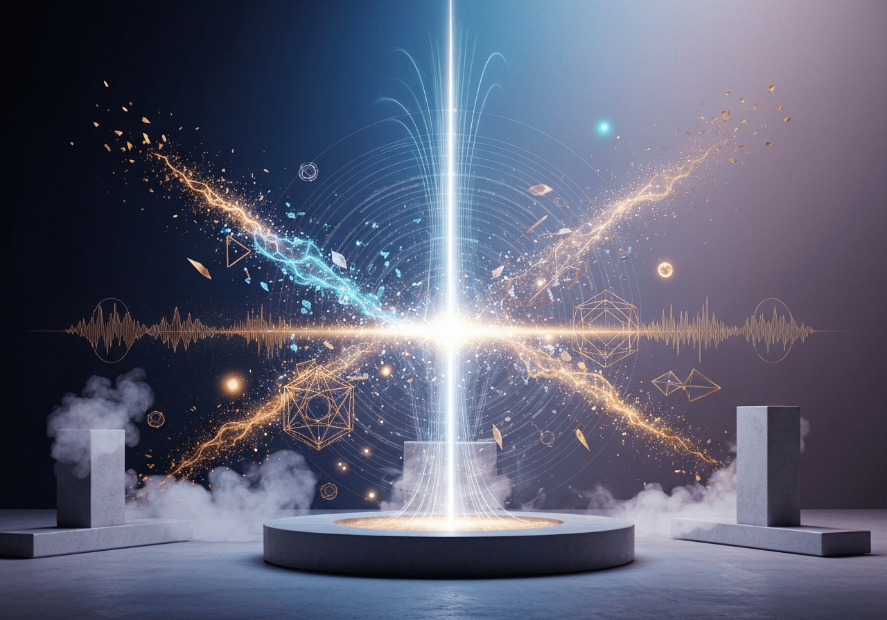 Conceptual illustration visualizing the process of regulacja nerwu błędnego, showing chaotic energy stabilizing into clear, aligned patterns and sacred geometry.